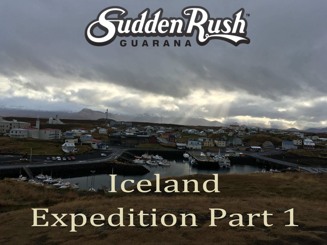 Scenic view of Iceland with SuddenRush Guarana branding, titled "Iceland Expedition Part 1" over the landscape.