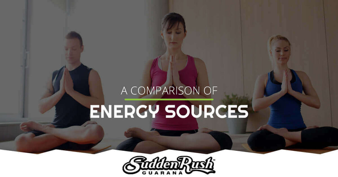 Three individuals meditating in a studio with text about energy sources and SuddenRush Guarana branding.