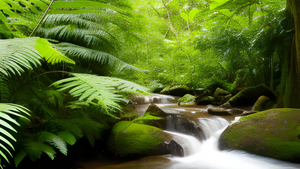 A vibrant, lush Amazon rainforest scene, with towering trees and a clear, babbling stream in the foreground.