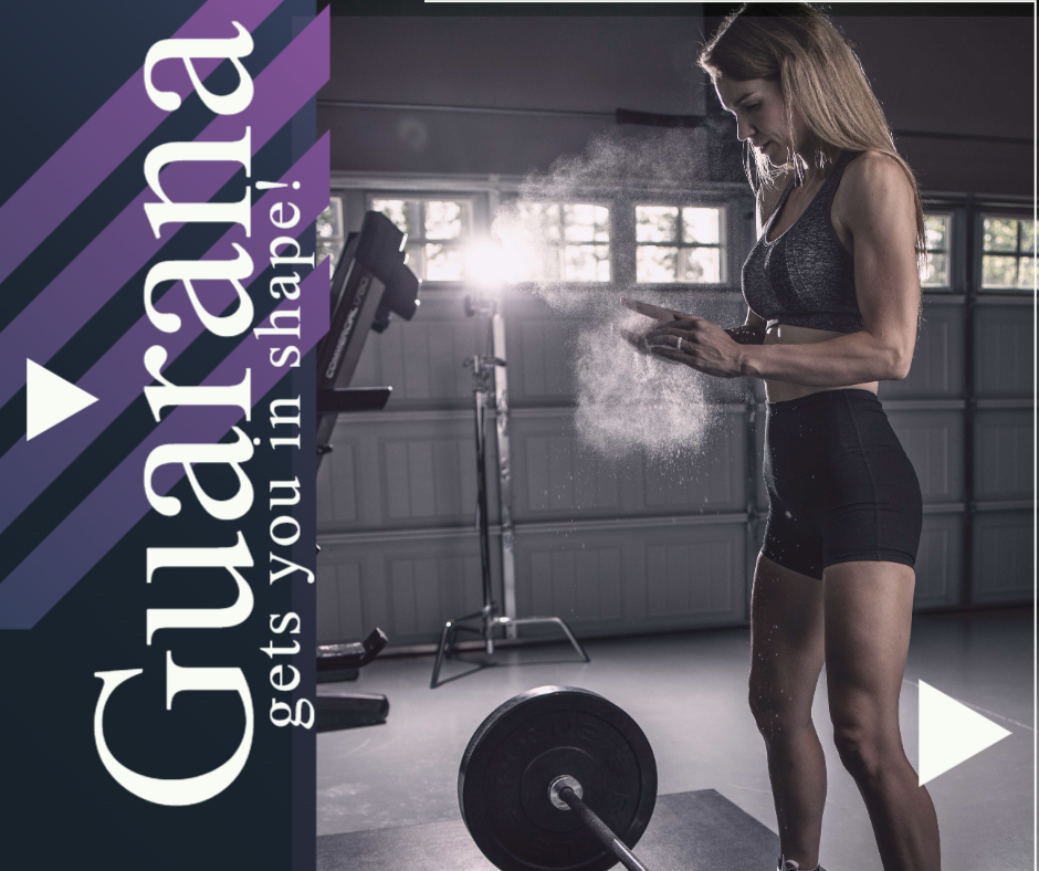 Woman preparing for a workout with Guarana energy supplements for enhanced alertness and fitness in a gym setting.