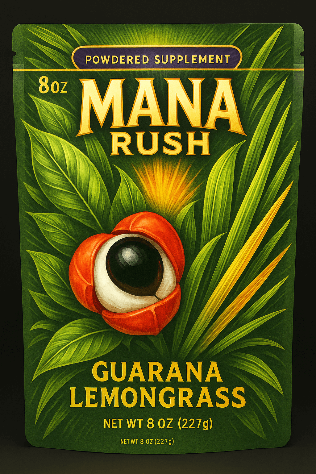 Mana Rush Guarana Lemongrass powdered supplement packaging with vibrant tropical design.