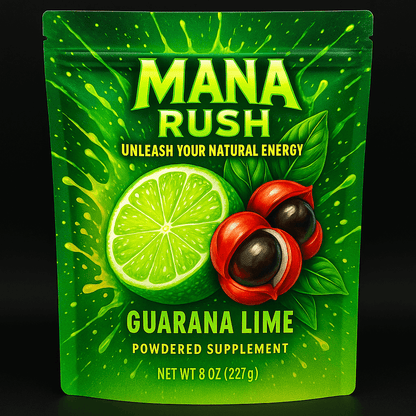 Mana Rush Guarana Lime powdered supplement packaging featuring lime and guarana illustration.
