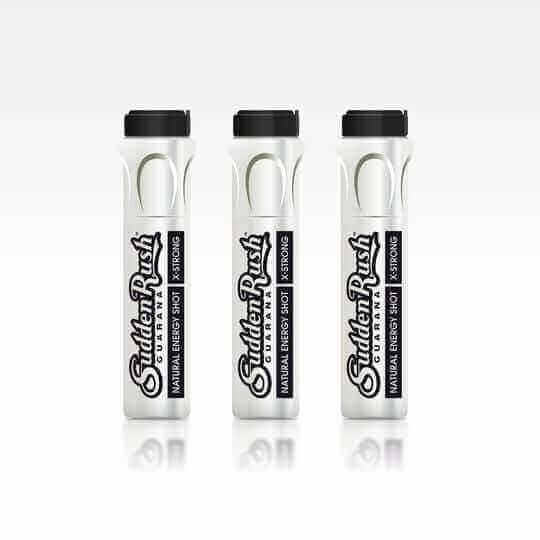 SuddenRush Extra Strong Black Guarana with Maca Energy Shots in white bottles.