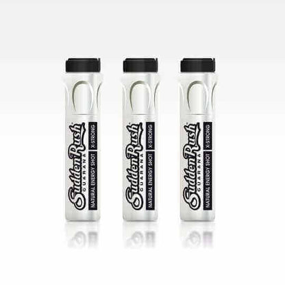 SuddenRush Extra Strong Black Guarana with Maca Energy Shots in white bottles.