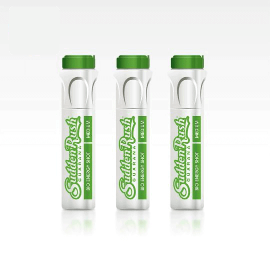 SuddenRush Medium Green Guarana Energy Shots in white bottles with green caps, 110mg caffeine from guarana, organic ingredients.