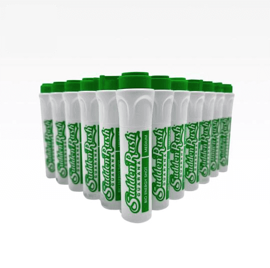 SuddenRush Medium Green Guarana Energy Shot bottles in a triangular formation, organic fruity energy shots with 110mg caffeine per 11ml from guarana.